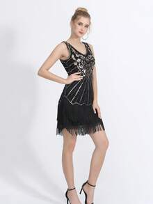 Retro V-Neck Sequined Performance Fringed Party Latin Dance Dress Women Competition - Black - View 3