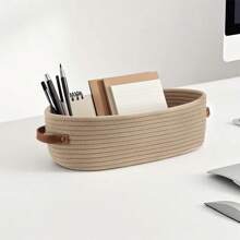 1pc Woven Storage Basket With Handle, Multi-Purpose Desktop Organizer Box, Bathroom Toilet Paper Holder, Dual Handle Office Desk Home Storage Basket