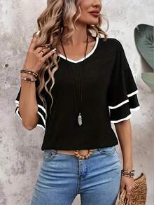 Plus Women's Contrasting Edge Lotus Leaf Sleeve T-Shirt - Black - View 3