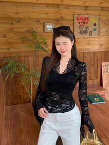 Stylish Sexy V-Neck Long Sleeve Lace Blouse For Women, Tight Fitting Crop Top, Spring/Autumn 2025 New Collection Black - Black - View 8