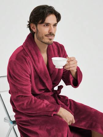 1件男女通用法兰绒和服睡袍，宽松版型，柔软舒适，双口袋设计，保暖内衬，休闲家居服，秋冬季