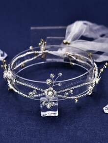 1 件手工制作的迷人合金花朵装饰婚礼配饰双层水钻链头带，适合日常佩戴、派对、摄影、聚会 - 銀色 - 查看 9