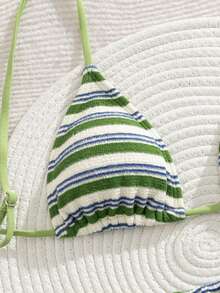 PEPPERMOLLY New Soft Striped Terry Cloth Adjustable Strap Criss-Cross Back Sexy Bikini Set, Women's Summer Beach Fashion Swimwear - Green - View 5