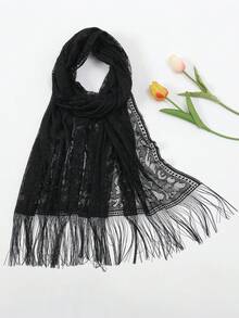 1 Pc Lace Fringe Openwork Scarf/Shawl/Sarong For Dress - Black - View 2