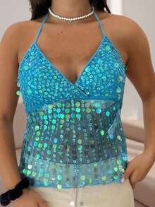 Women's Halter Neck Vest Summer Sleeveless Open Back Slim Fit Tie Up Sequins Tank Tops - 藍色 - 查看 5