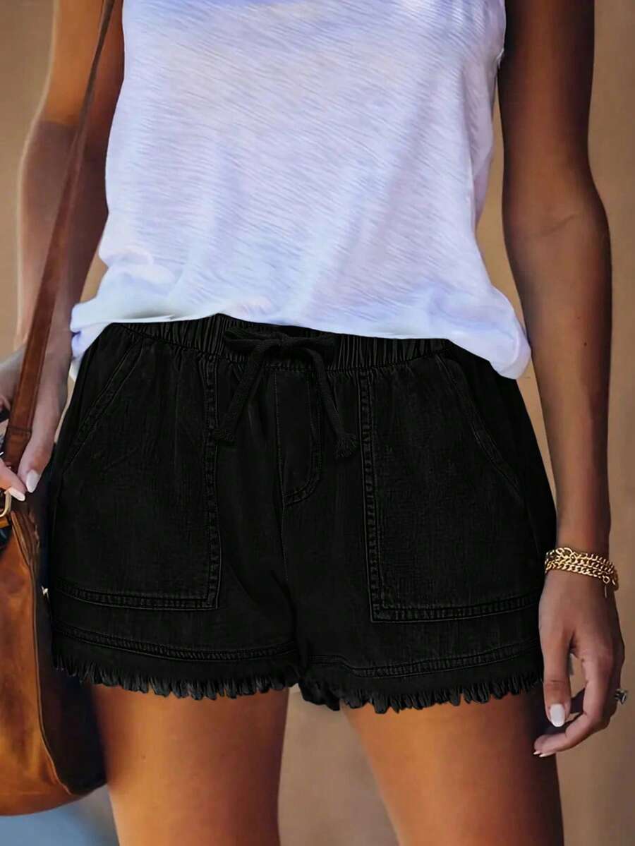 女士弹力腰带毛边休闲牛仔短裤 黑色 夏季 - 黑色 - 查看 1