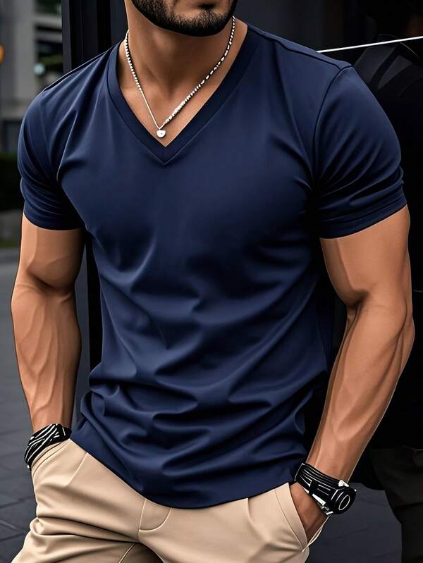 Men V-Neck Short Sleeve Solid Color T-Shirt, Fashionable For Summer