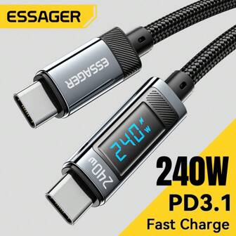 ESSAGER Cable USB Tipo C a USB C de 240W, carga rápida de 100W PD 3.1, cable cargador para iPhone 15 16 Pro Max Pro, color gris