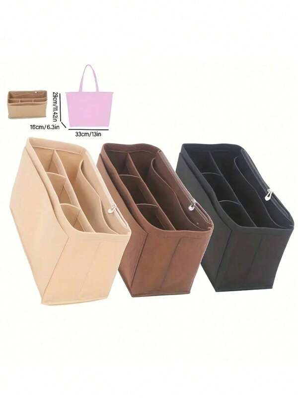 Soft Felt Handbag Organizer Insert With Zipper,Multifunctional Portable Divider Pouch For Spacious Cosmetic Storage, Lightweight Travel And Casual Style Bag Accessories