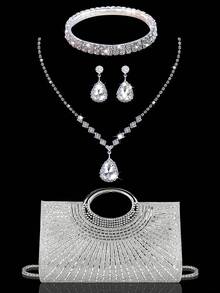 Sparkling And Charming Party Evening Handbag, Inlaid With Sparkling Rhinestone Decoration, New Style Women's Handbag, Matched With Sparkling Rhinestone Pendant Jewelry Three Pieces Set, Luxury Rhinestone Necklace Bracelet Earrings, Very Suitable For Parties, Weddings, Dinners, Matching With Wedding Dresses, Sequined Evening Dresses. - Silver - View 2