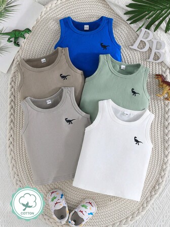 5 件套可爱卡通恐龙刺绣无袖背心，适合婴儿男孩，夏季