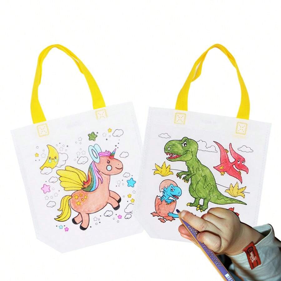 5 件双面恐龙独角兽彩色手提袋 DIY 绘画颜料工艺套装可重复使用礼品包装派对礼物