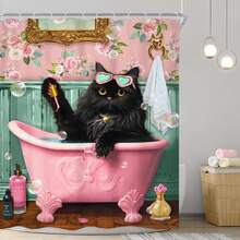 1 PIEZA Cortina de ducha divertida de gato rosa para niños, con diseño de animal de dibujos animados, mascota encantadora en la bañera, retro floral, decoración de baño, decoración de otoño, accesorios de baño, de vuelta a la escuela - Multicolor - Ver 2