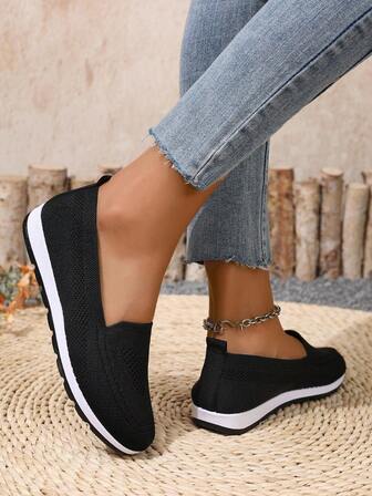 New Comfortable Lightweight Knitted Mesh Slip-On Sneakers, Fashionable Flat Loafers