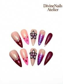 10款手工细高跟美甲。采用裸粉色、勃艮第红和粉紫色的组合或渐变色，饰以珍珠和精致的小花。花朵造型立体，细节精致。金属和珍珠元素更添奢华感。美甲用品 - 彩色 - 查看 1