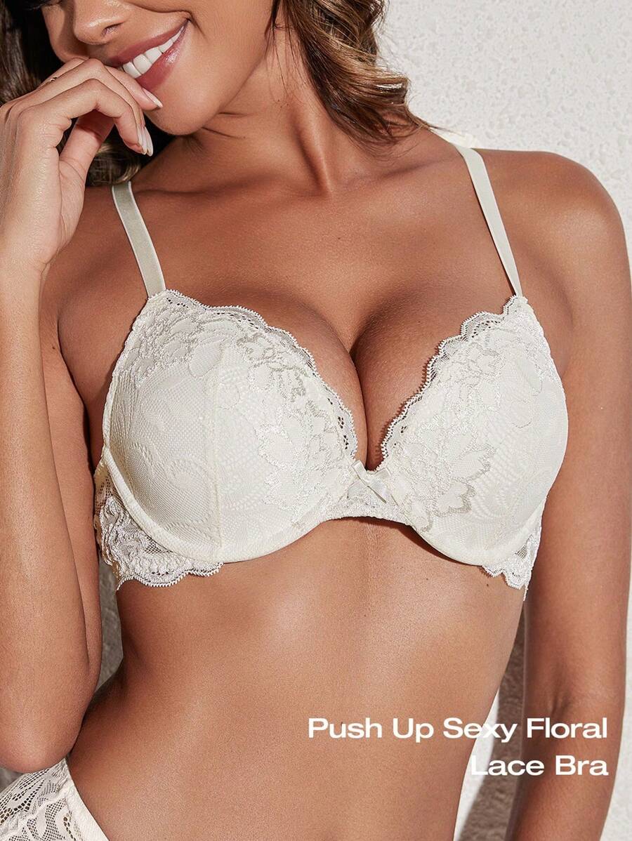 Sujetador de encaje con efecto push-up para mujer, con aros acolchados cómodos, de tacto suave y acogedor, con tirantes ajustables, lencería casual para uso en casa y diario