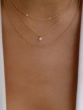 Fashionable Minimalist Multi-Layer Square Diamond Ladies' Necklace, Chain & Diamond Pendant Necklace For Women