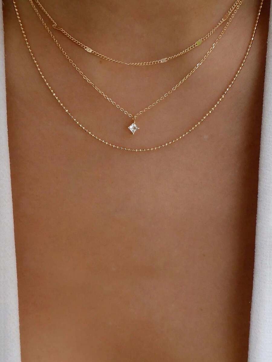 Fashionable Minimalist Multi-Layer Square Diamond Ladies' Necklace, Chain & Diamond Pendant Necklace For Women