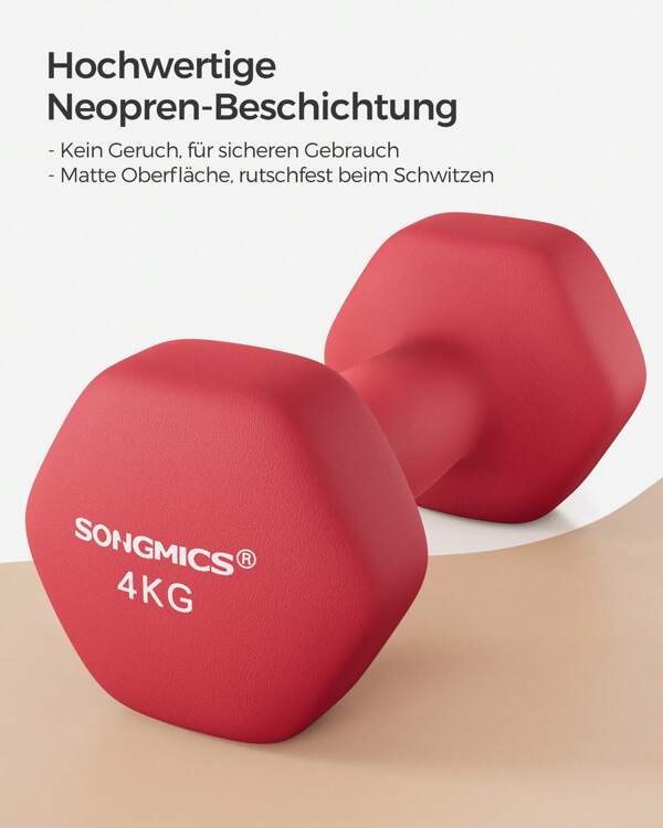 SONGMICS Hanteln, 2er Set, Hantelset, Kurzhanteln, Hexagon, Neopren-Beschichtung, Krafttraining, Workout, Fitnesstraining, für Zuhause,Rot