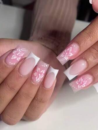 Elevate Your Style With, 24Pcs/Set Press On Nails Tips Floral Design French Acrylic Fake Nail,Fit Perfectly & Medium Length Design, Minimalist Style - Reusable Design Fake Nail,Contain 1Pc Jelly Glue And 1Pc Nail File, For Daily Wear By Women And Girls Nail Supplies Nails