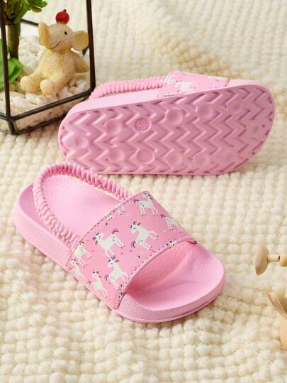 1 Pair Baby Girls' Comfortable, Fashionable, Casual, Lightweight, Cute Cartoon Pony Print, Indoor/Outdoor Anti-Slip Durable Pink Sandals, Spring/Summer