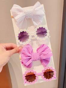 2/4pcs New Girls Cute Solid Color Bow Headband Flower Frame Children Fashion Glasses Sun Protection Eye Protection Hair Accessories Set, Card Display Only, Shipping Not Included - Multicolor - View 8