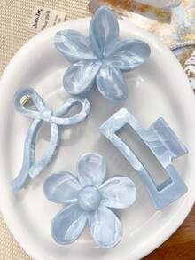 4 件套春夏波西米亚甜美浅蓝白混合大理石图案蝴蝶结雏菊花方形发夹，海滩发饰爪夹发夹发夹发夹发夹发夹秋冬度假装女士 - 彩色 - 查看 2