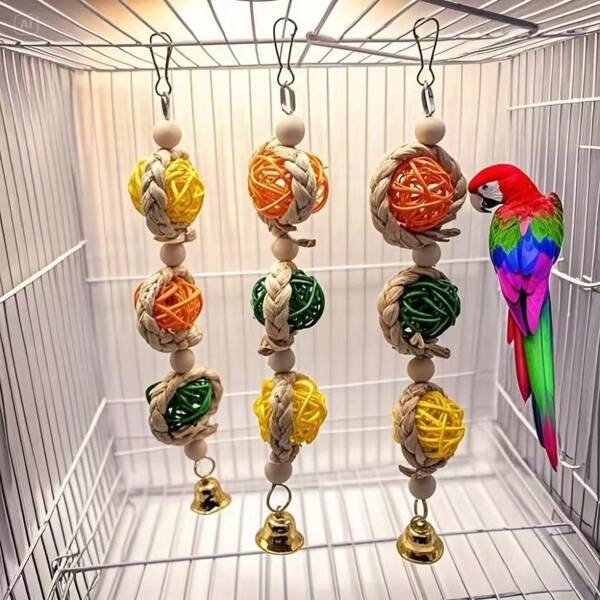3pcs Natural Hand-Made Rattan Ball String Bird Toy Parrot Toy Suitable For Birds To Relax From High Grinding Toy Basaltic Turtle Turtle Spring And Summer Attraction Toy Bird Cage Decoration Clean Bird Teeth Can Be Easy To Install DIY Bird Toy Long-Term Use Color Random