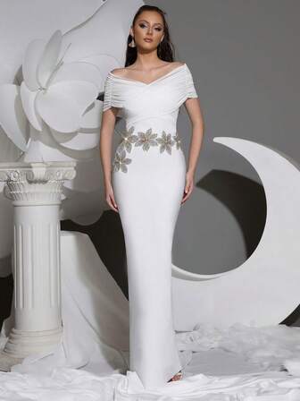 Modphy New Women's Sexy Light Luxury Heavy Duty Diamond Flower Decorative Bandage Dress V-Neck Shoulder Sleeve Mesh Splicing Design White Backless Long Dress Fashion Evening Party Festival Women's Formal Dinner Dress Long Dress, Gown, For Wedding Guest