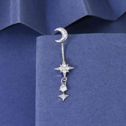 1 chiếc nhẫn rốn đính đá Zirconia khảm hình ngôi sao và mặt trăng, trang sức xỏ khuyên quyến rũ cho phụ nữ, tiệc tùng, trang phục hàng ngày, lễ hội, quà tặng