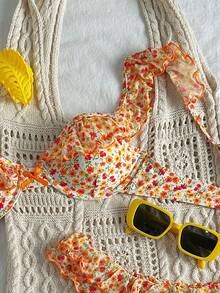 Women's Summer Beach Ditsy Floral Print Panelled Ruffled Underwired Bikini Set - Multicolor - View 3