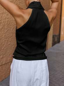 Women's Metal Decor Buttoned Neck Pleated Shirt - Black - View 4