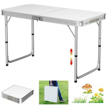Lucn 4 FT Folding Camping Table, Portable Foldable Pop-Up Picnic Tables For Outdoor, Indoor, Garden, Home, Balcony, Market, Kitchen, Compaign, Work Table, 3 Height 70/62/55 Cm, Table Top Size: 120*60 Cm; White