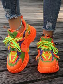女式学生运动风格系带字母装饰网眼运动鞋，户外透气百搭厚底运动休闲跑步鞋，厚底厚底运动鞋 - 橘色 - 查看 3