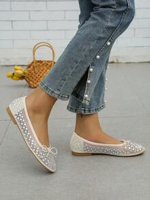 Women's Flat Casual Shoes With Fashionable Sexy Rhinestone Bow - Beige - View 2