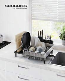 SONGMICS Dish Drainer Rack, Expandable Dish Drying Rack, Stainless Steel Kitchen Dish Rack With Rotatable Spout, Utensil, Cup, Glass, Cutting Board And Pan Holders, Silver And Black - Black - View 1