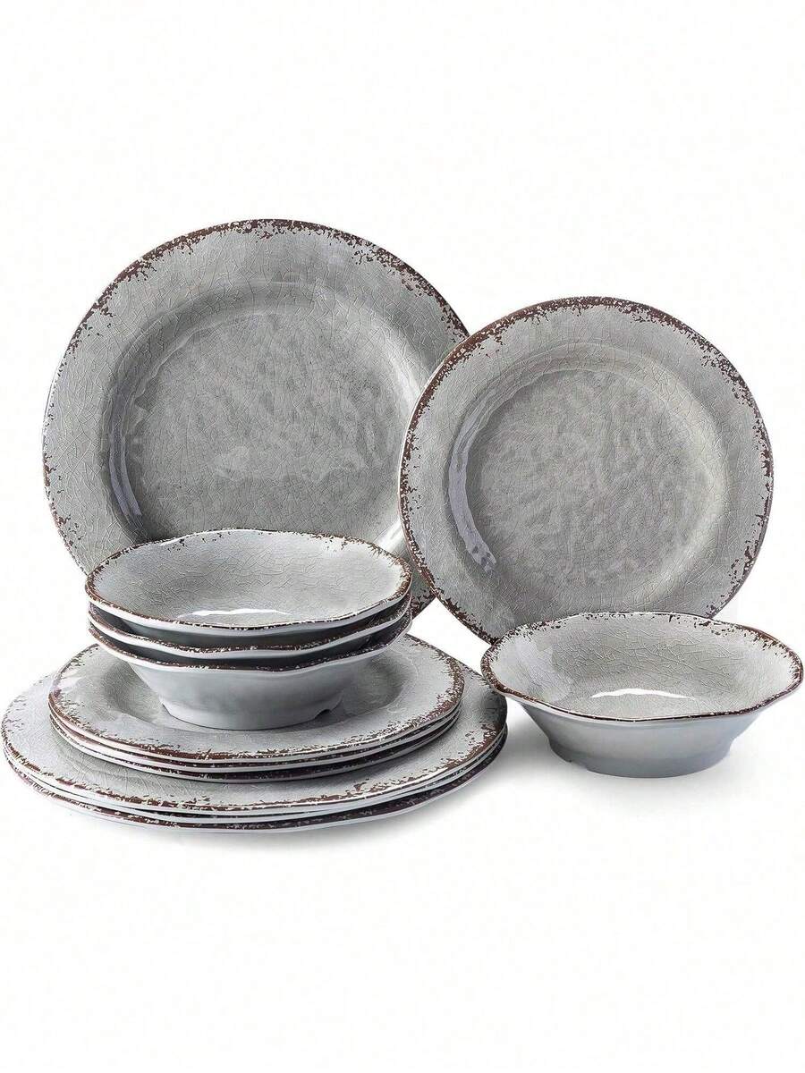 Farmhouse Melamine Dishes Dinnerware Set, 12 Piece Rustic Plates And ...