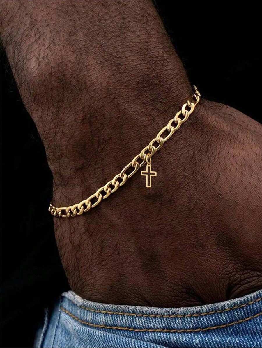 1pc Minimalist Hollow Cross Pendant Stainless Steel Chain Bracelet, Gift For Men Daily Wear
