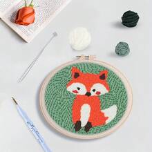 1 Set Fox Animals Pattern Punch Needle Embroidery Kits, Diy Tools For Beginners For Rug Hooking Diy Crafts Home Decoration, 7.87*7.87inch - Multicolor - View 4