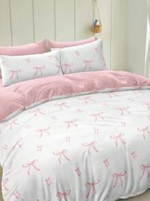 3pcs Pink Striped Bowknot Adorable Digital Print Duvet Cover Set (1 Duvet Cover + 2 Pillowcases, Without Inserts), Polyester Fiber Soft And Skin-Friendly For Daily Use, Suitable For Bedroom, Dormitory In All Seasons