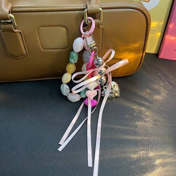 INS Korean Style Ribbon Bow Heart-Shaped Metallic Phone Strap Bag Pendant, Personalized Creative Girly Design, New Arrival