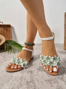 Women's Fashion Embroidery Comfortable Elastic Strap Flat Beach Sandals, Plus Size,Summer Shoes - Green - View 4