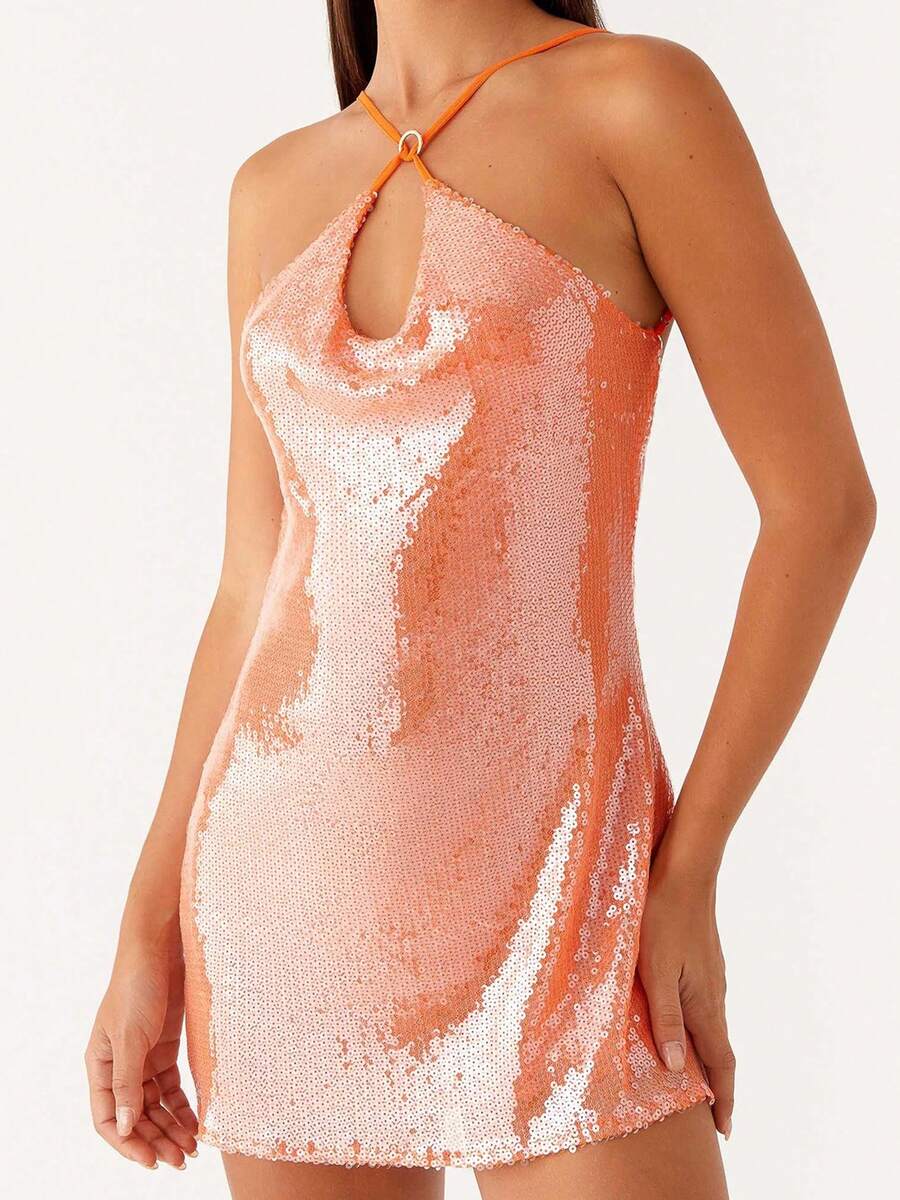 Women's Sequin Sparkly Glitter Dress Sleeveless Backless Spaghetti Strap Mini Dress Y2K Party Club Bodycon Mini Dress - 橘色 - 查看 1