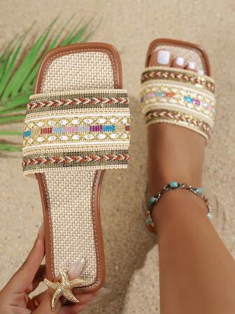 Women's Handmade Woven Beige With Gold Accent Boho Beach Slippers, Fashionable Open Toe Slip-On Sandals, Suitable For Dresses And Vacation, Flat Sole