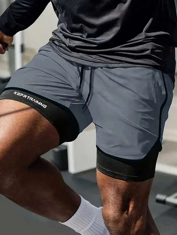 Men's Sports Shorts With Lining, Solid Color Breathable Quick Dry Fitness Running Pants