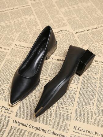 2025 年夏季新款时尚办公室休闲派对百搭玛丽珍平底鞋，尖头，粗跟，金属装饰，优雅简约，高品质乐福鞋，适合搭配阔腿裤和连衣裙，73598-5，黑色/棕色/米色