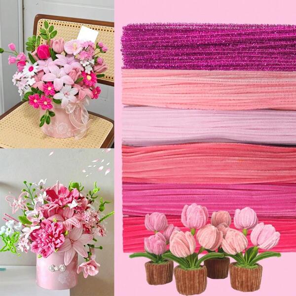 100/300/600pcs Pink Pipe Cleaners, 6 Different Colors, Holiday Craft Pipe Cleaners, Chenille Stems For DIY Art & Craft Projects