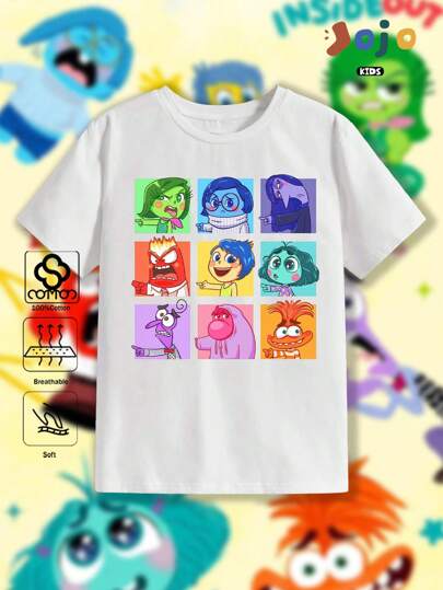Disney Disney-Camiseta esportiva infantil de algodão puro, macia e confortável, gola redonda, estilo universitário, casual e versátil, com estampa de personagem de nove quadrados, tema Inside Out