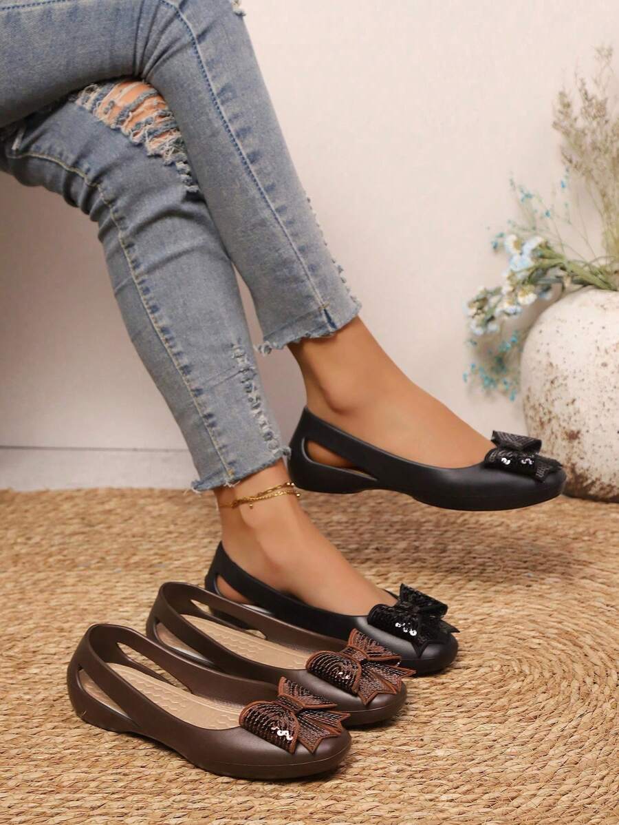 Chaussures plates à enfiler pour femmes, printemps/automne. Mocassins noirs/marrons à la mode avec décoration de nœud pailleté. Plates-formes élégantes et décontractées à porter toute l'année