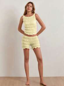 Women's 2 Piece Lounge Outfits Sleeveless Solid Color Ruched Tank Tops Shorts Sets - Yellow - View 5